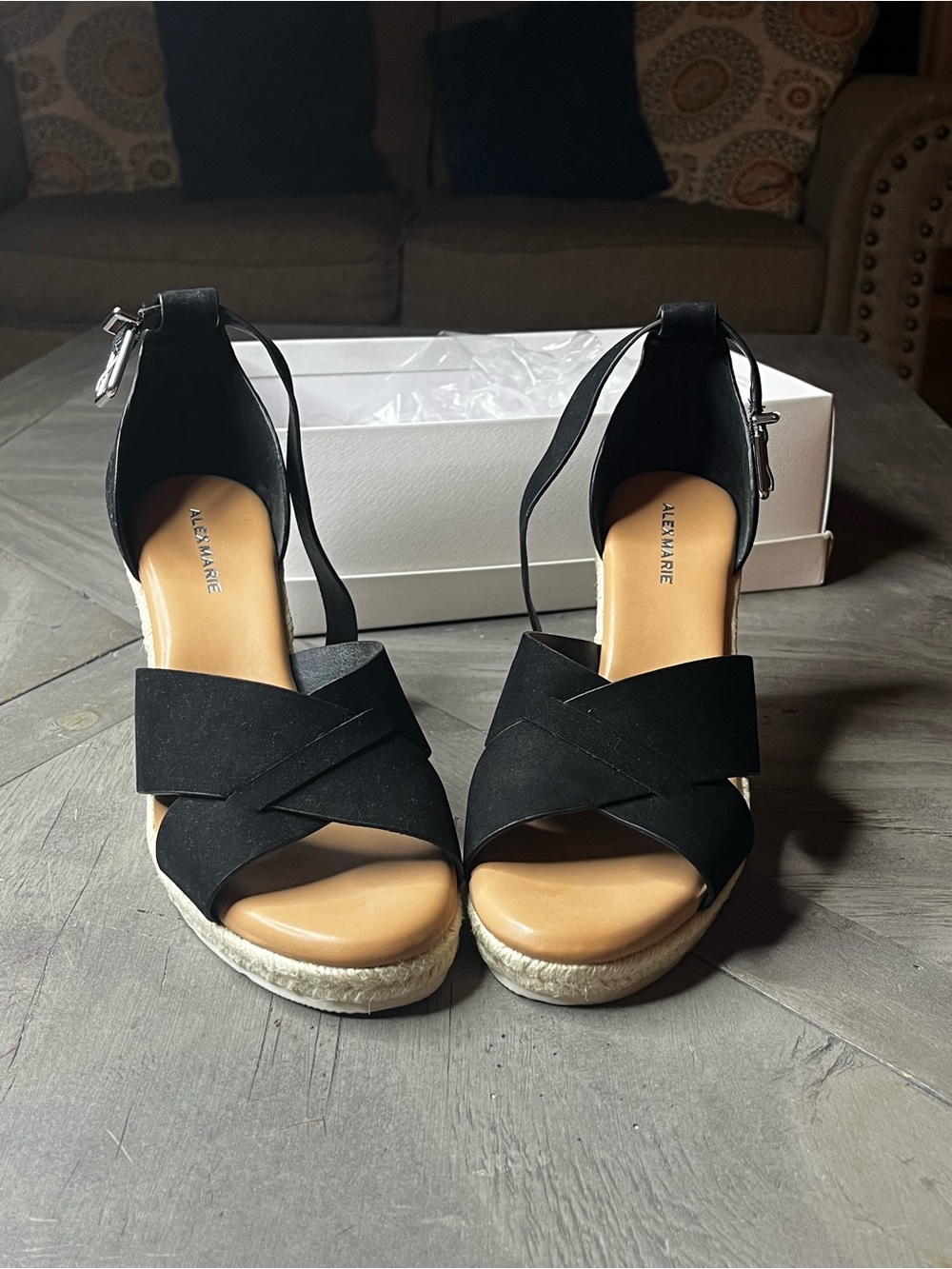 Alex Marie Black Crisscross Ankle-Strap Espadrille Wedges